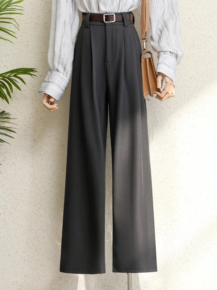 2026 New Burgundy Suits Pants for Women Office Lady Elegant High Waist Wide Leg Fashion Trousers with Pockets Black Gray thumbnail 3
