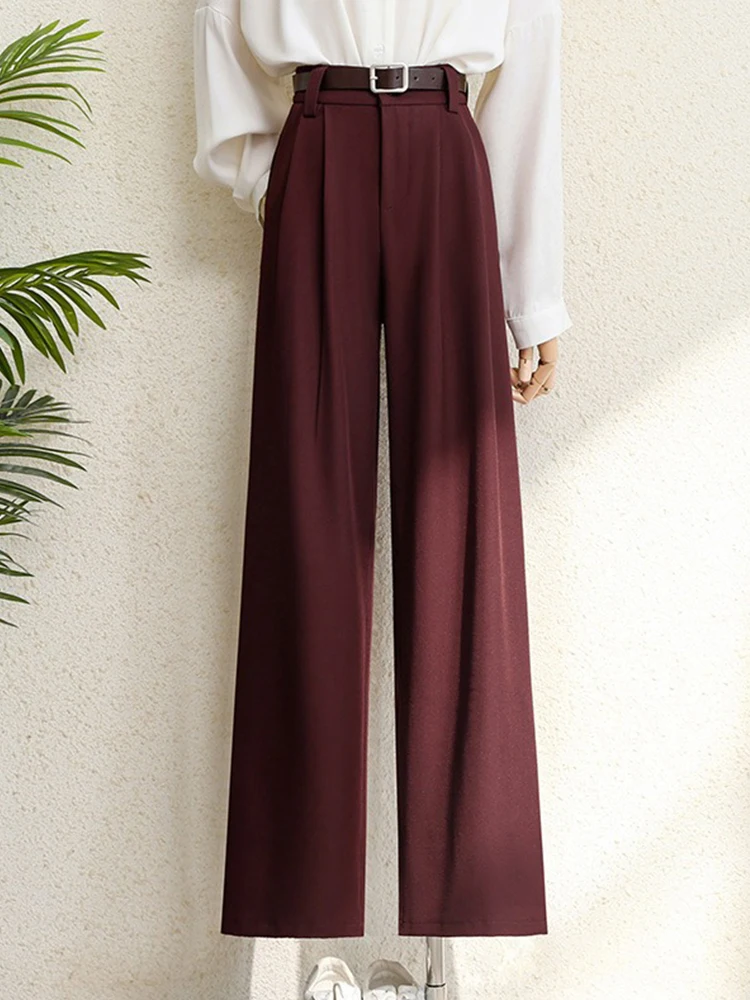 2026 New Burgundy Suits Pants for Women Office Lady Elegant High Waist Wide Leg Fashion Trousers with Pockets Black Gray thumbnail 2