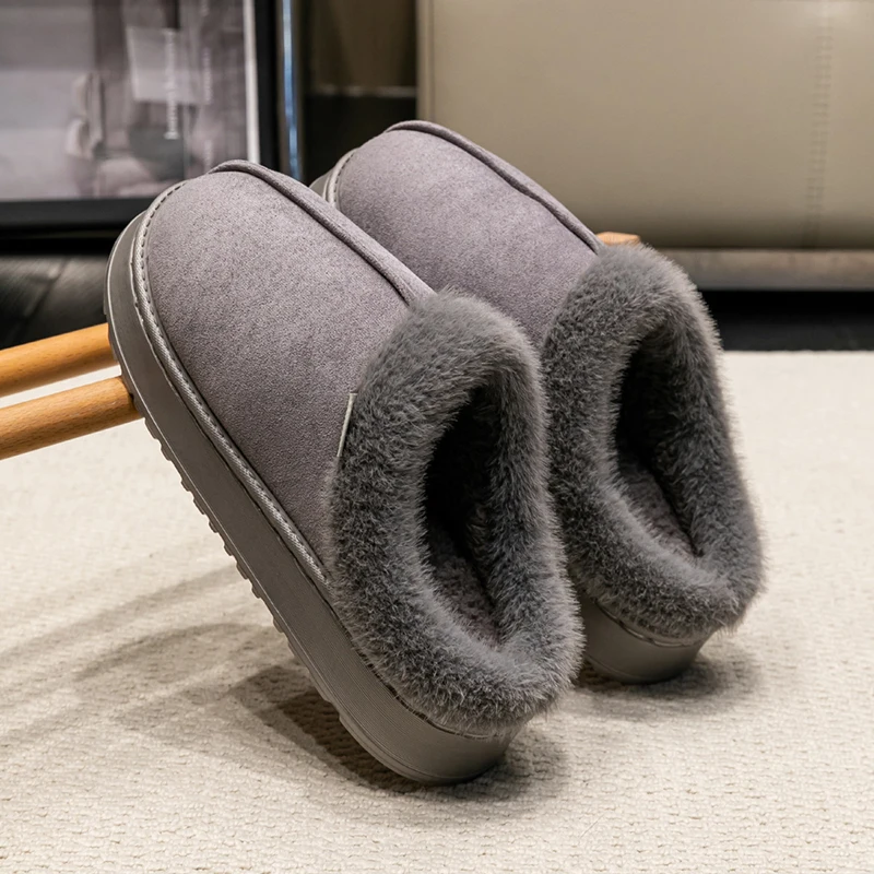 New Fluffy Men's Slippers Winter with Thick Sole for Indoor Anti-Slip and Warmth at Home with Fur Lining for Couples thumbnail 2