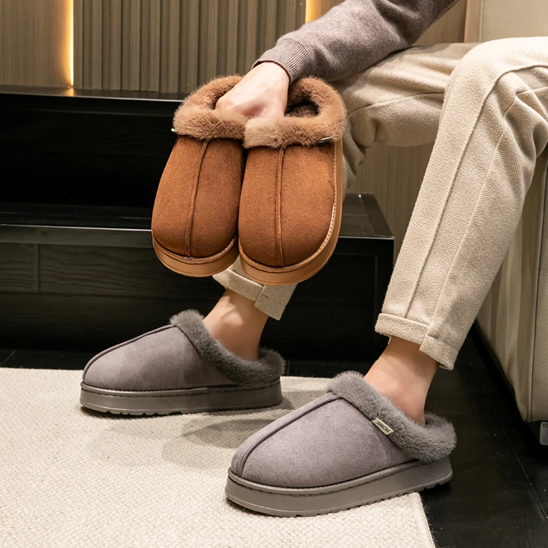 New Fluffy Men's Slippers Winter with Thick Sole for Indoor Anti-Slip and Warmth at Home with Fur Lining for Couples thumbnail 4