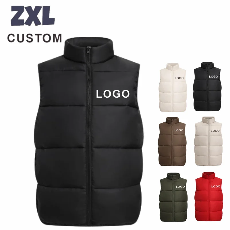 Winter Men's Padded vest Custom Logo Design Brand DIY Print Embroidery Stand Collar Solid Color Cotton Coat Armless Down Vests