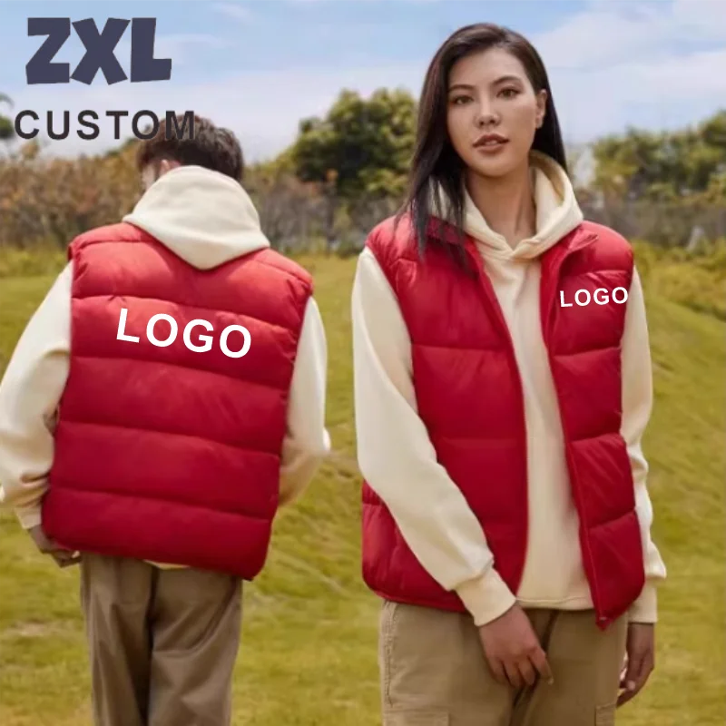 Winter Men's Padded vest Custom Logo Design Brand DIY Print Embroidery Stand Collar Solid Color Cotton Coat Armless Down Vests thumbnail 2