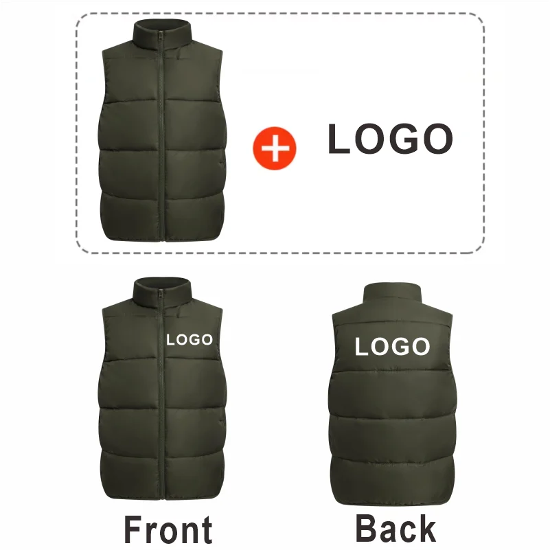 Winter Men's Padded vest Custom Logo Design Brand DIY Print Embroidery Stand Collar Solid Color Cotton Coat Armless Down Vests thumbnail 5