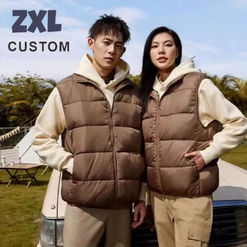 Winter Men's Padded vest Custom Logo Design Brand DIY Print Embroidery Stand Collar Solid Color Cotton Coat Armless Down Vests thumbnail 3