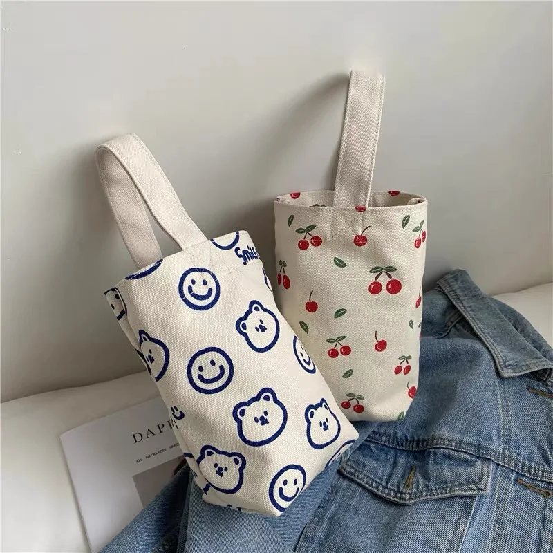 Cute Wrist Bags Cartoon Bear Cherry Handbag New ins Water Cup Bag Bear Canvas Bags Portable Mini Canvas Bags thumbnail 2