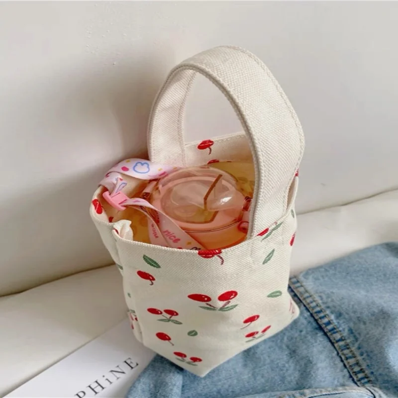 Cute Wrist Bags Cartoon Bear Cherry Handbag New ins Water Cup Bag Bear Canvas Bags Portable Mini Canvas Bags thumbnail 5