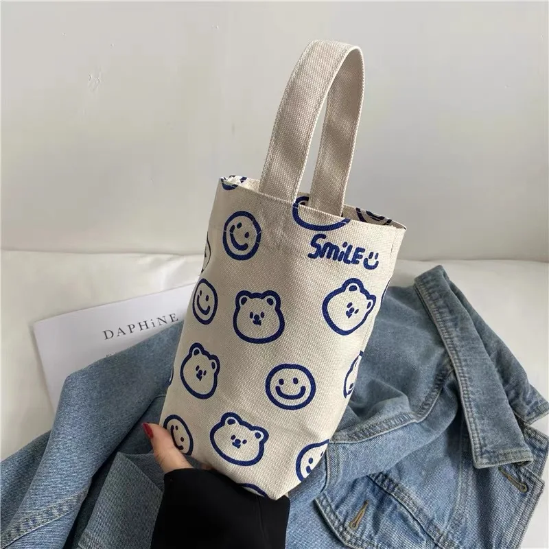 Cute Wrist Bags Cartoon Bear Cherry Handbag New ins Water Cup Bag Bear Canvas Bags Portable Mini Canvas Bags thumbnail 4
