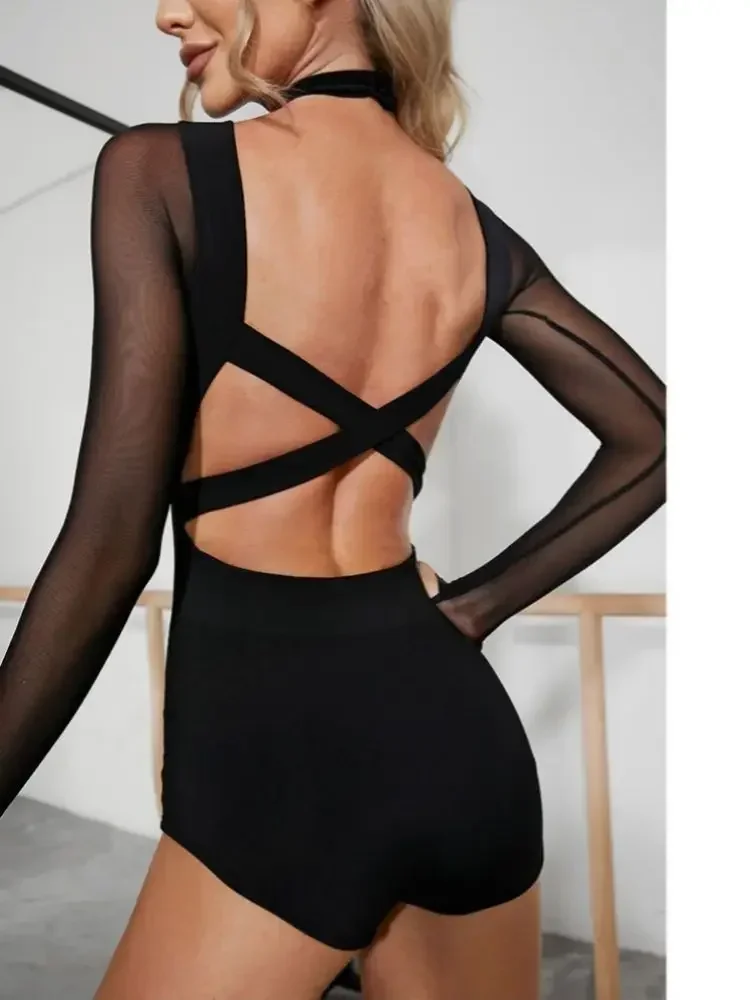 Adult Latin Dance Leotard Top for Women Black Mesh Jumpsuits Backless Cha-cha Samba Conjoined Body Training Performance Costume thumbnail 5