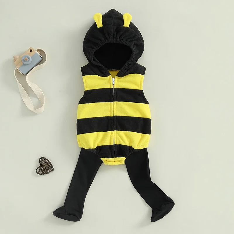 VISgogo 0-24 Months Baby Bee Costume Halloween Party Sleeveless Stripes Hooded Romper Long Socks Newborn Costume Outfit thumbnail 3