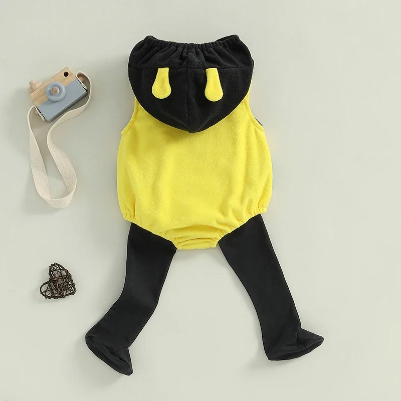 VISgogo 0-24 Months Baby Bee Costume Halloween Party Sleeveless Stripes Hooded Romper Long Socks Newborn Costume Outfit thumbnail 2