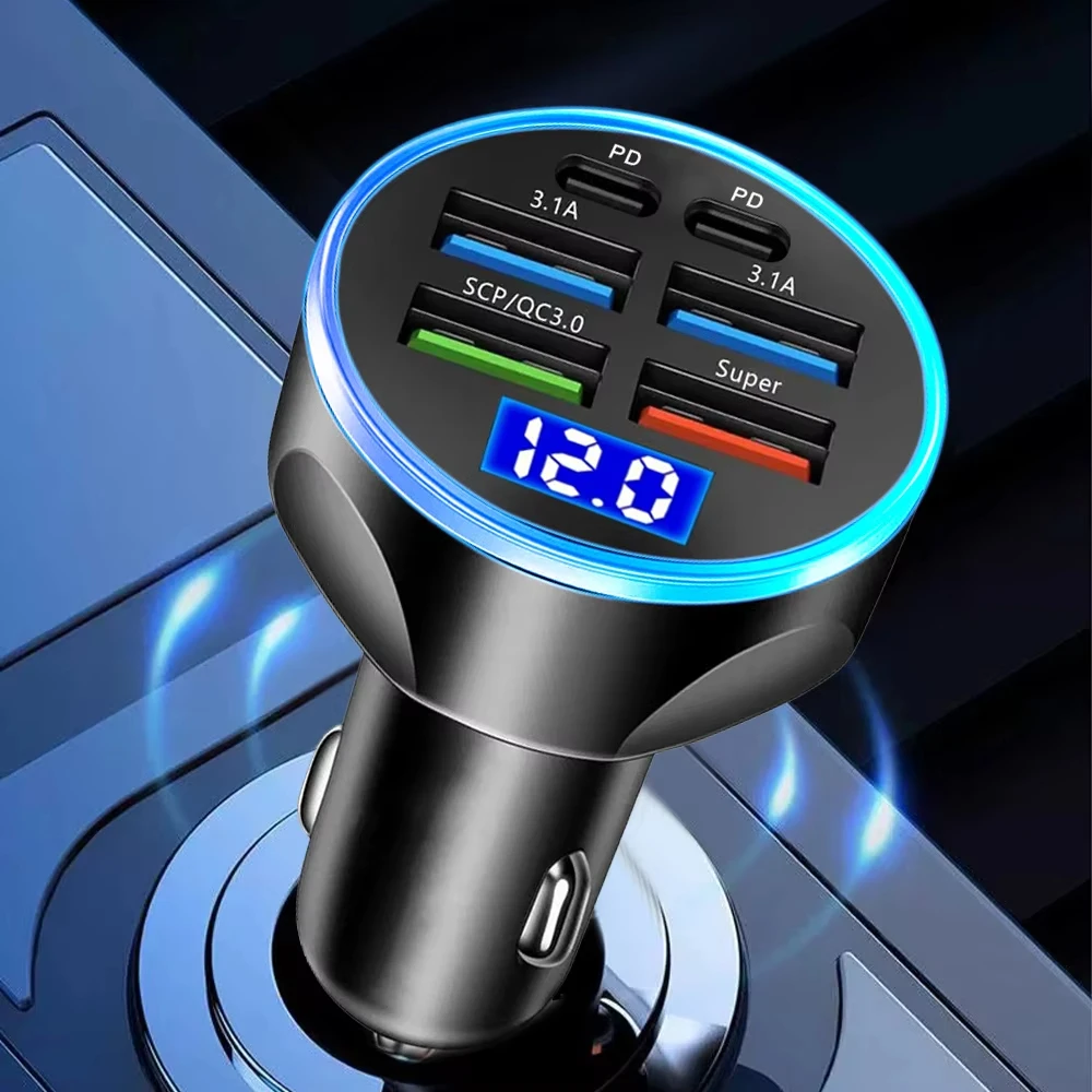 250W PD Car Charger QC3.0 Fast Charge two to Six Port Car Cigarette Lighter Plug Car Charger Flash Charge with Digital Display thumbnail 3