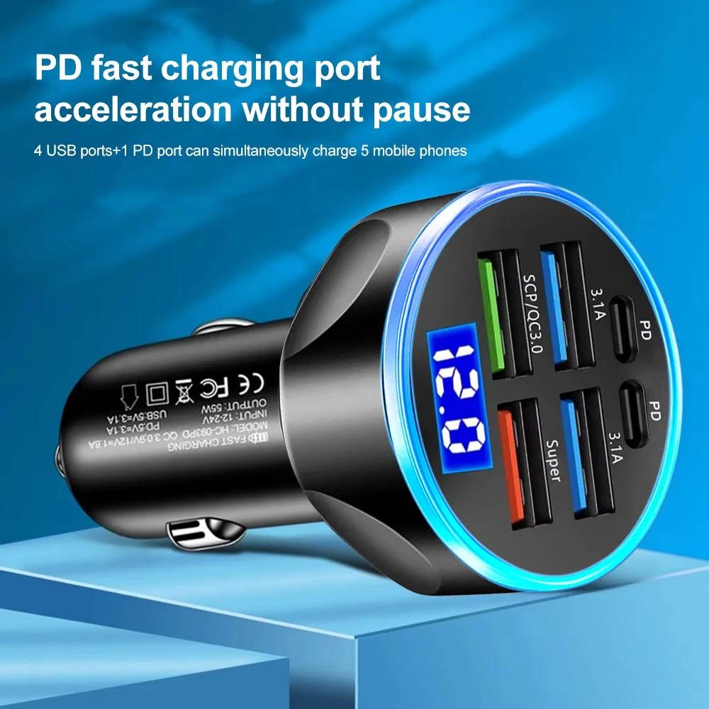 250W PD Car Charger QC3.0 Fast Charge two to Six Port Car Cigarette Lighter Plug Car Charger Flash Charge with Digital Display thumbnail 5