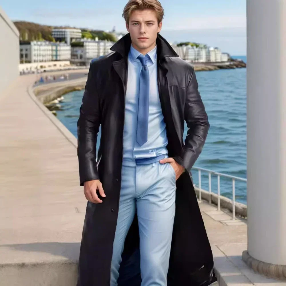2026 New Men's Long Leather Jackets Goth Punk Button Trench Coat Solid Lapel Collar Long Pu Windbreaker Winter Leather Coats thumbnail 2