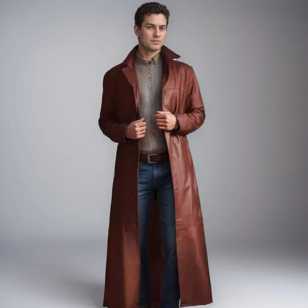 2026 New Men's Long Leather Jackets Goth Punk Button Trench Coat Solid Lapel Collar Long Pu Windbreaker Winter Leather Coats thumbnail 4