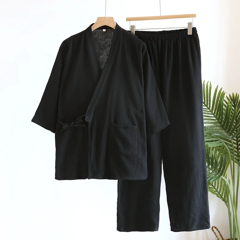 Large Size Kimono Robes with Pocket and Long Pants 2 Pcs Pajamas Set for Men Sleepwear Clothes Cotton Pjamas for Men thumbnail 2
