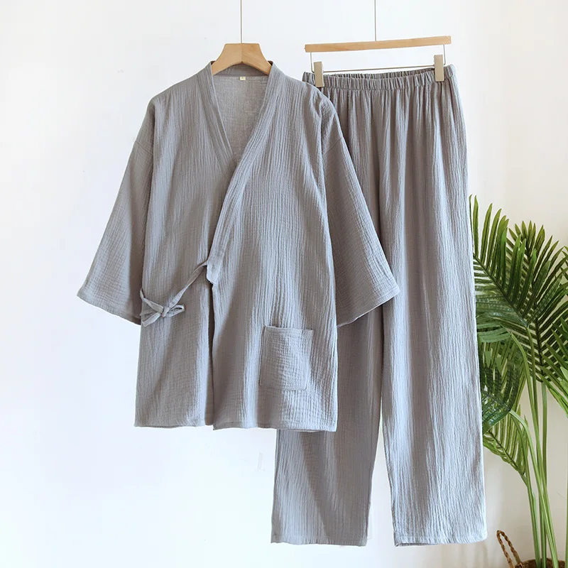Large Size Kimono Robes with Pocket and Long Pants 2 Pcs Pajamas Set for Men Sleepwear Clothes Cotton Pjamas for Men thumbnail 5