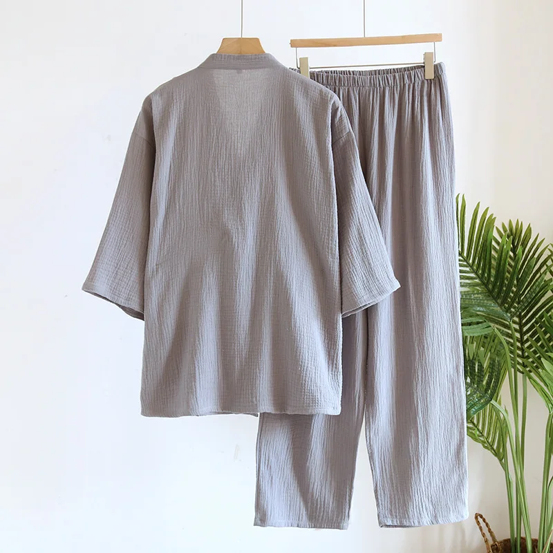 Large Size Kimono Robes with Pocket and Long Pants 2 Pcs Pajamas Set for Men Sleepwear Clothes Cotton Pjamas for Men thumbnail 6