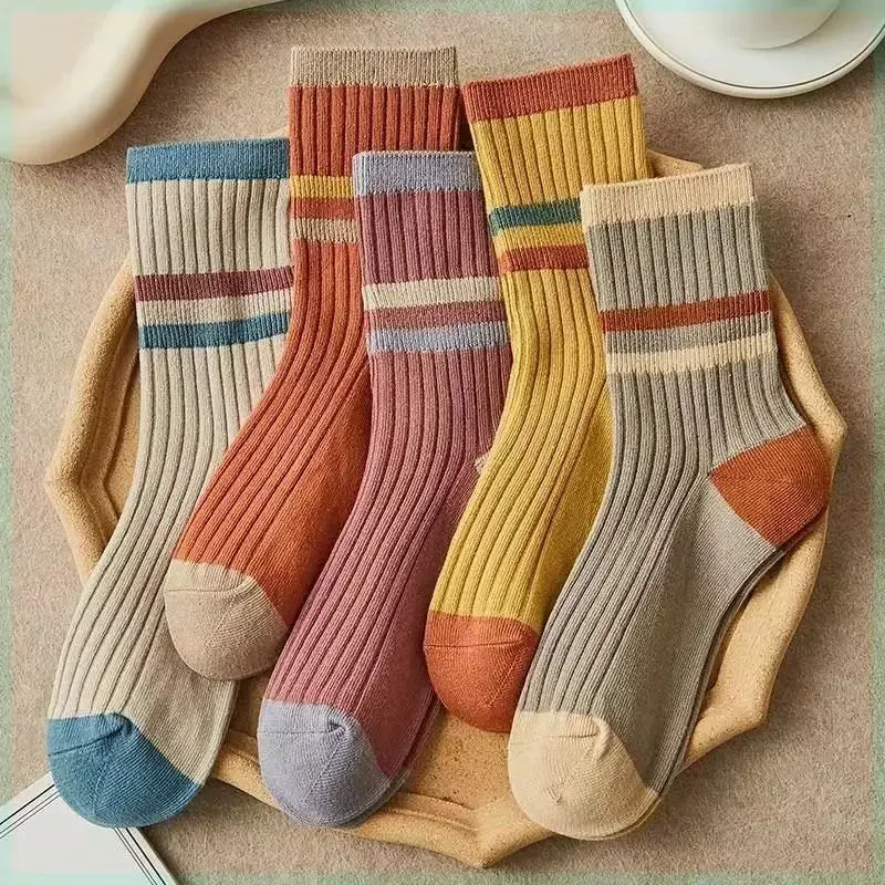5 Pairs Striped Print Socks for Women Comfy Soft Mid Tube Socks Winter  Harajuku Funny Casual Sock Women's Stockings Hosiery