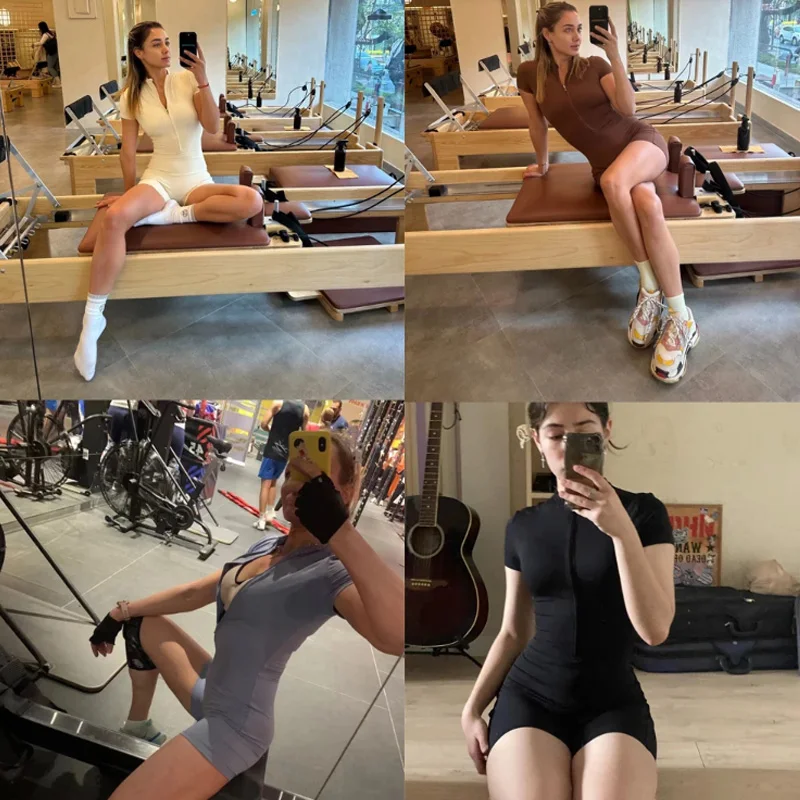 Zipper Dance Gym Jumpsuit Short Sleeve Playsuit Women Romper Sexy Yoga Fitness Overalls One Piece Sports Suit Workout Clothes thumbnail 5