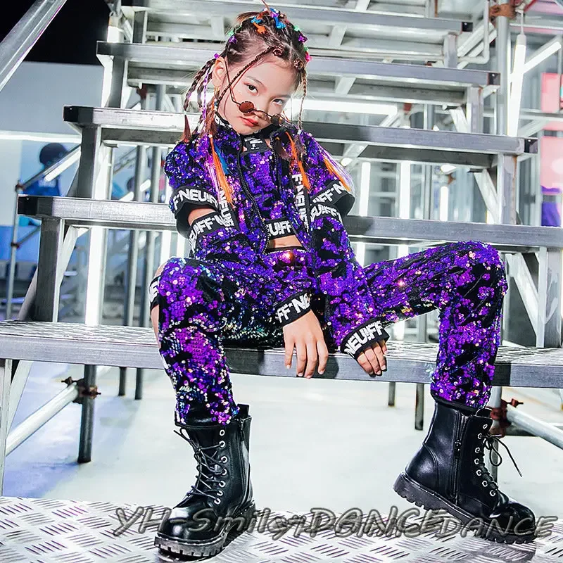 Kids Purple Sequin Suits Braid Children Show Model T-Stage Dancer Clothing Fashion Hip Hop Jazz Dancing Outfit Dance Costume thumbnail 4