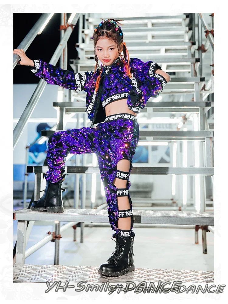Kids Purple Sequin Suits Braid Children Show Model T-Stage Dancer Clothing Fashion Hip Hop Jazz Dancing Outfit Dance Costume thumbnail 6