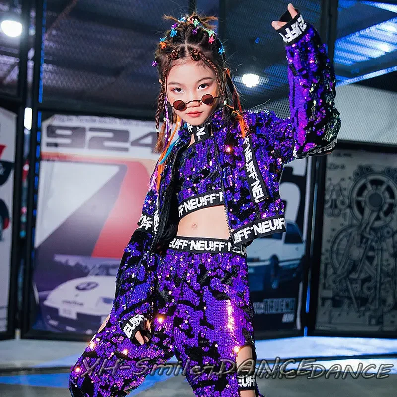 Kids Purple Sequin Suits Braid Children Show Model T-Stage Dancer Clothing Fashion Hip Hop Jazz Dancing Outfit Dance Costume thumbnail 3