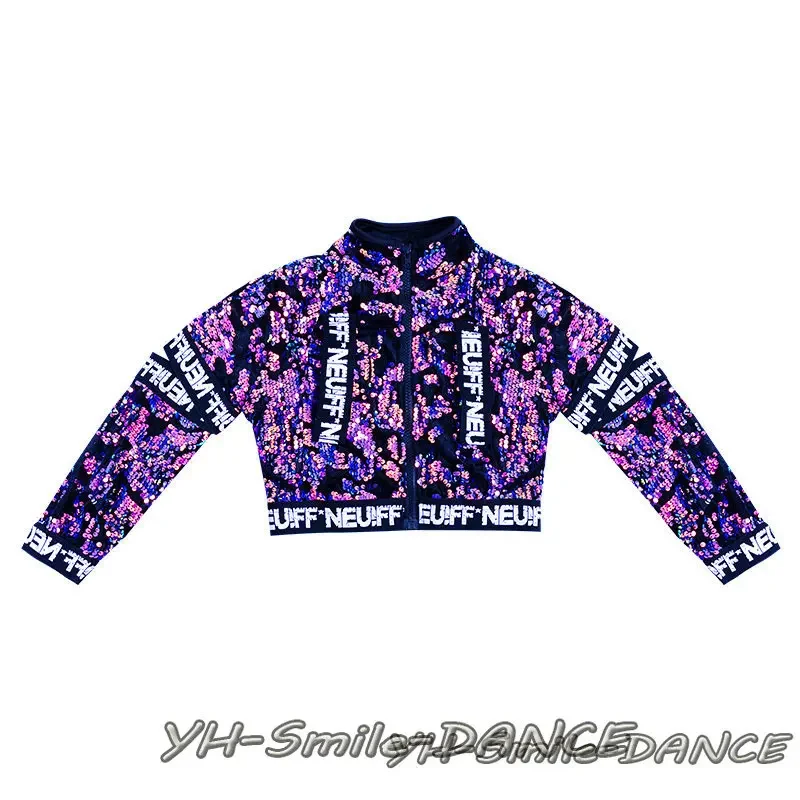 Kids Purple Sequin Suits Braid Children Show Model T-Stage Dancer Clothing Fashion Hip Hop Jazz Dancing Outfit Dance Costume thumbnail 5