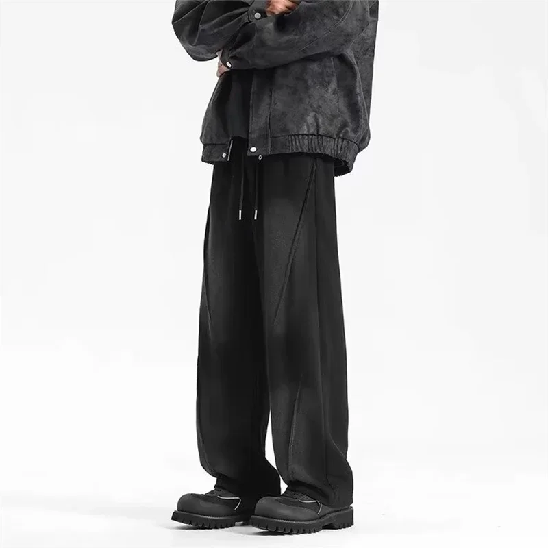 Autumn Men's High Street Pleated Straight Pants Korean Fashion Elastic Waist Pockets Trousers Y2K Vintage pantalones hombre thumbnail 3