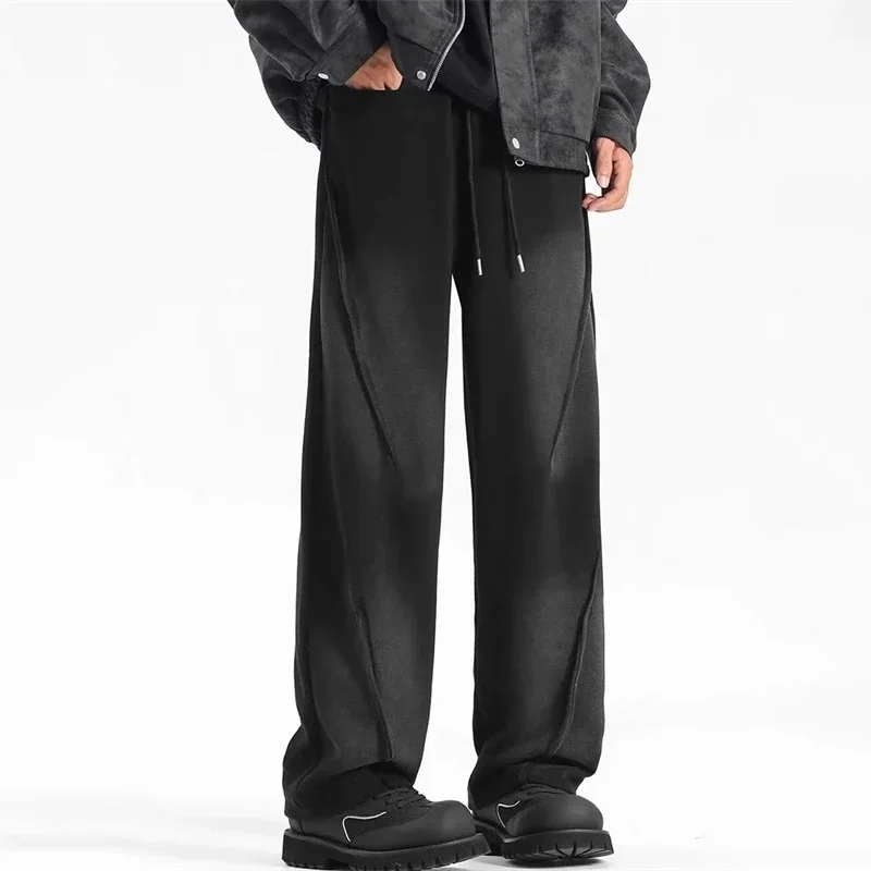 Autumn Men's High Street Pleated Straight Pants Korean Fashion Elastic Waist Pockets Trousers Y2K Vintage pantalones hombre thumbnail 5