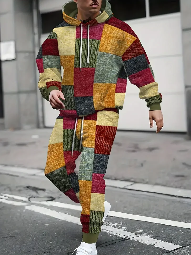 Man Hoodies Suit 3D Print Patchwork Trousers 2 Piece Sets Streetwear Casual Simplicity Tracksuit Long Sleeve Pullover Suits thumbnail 2