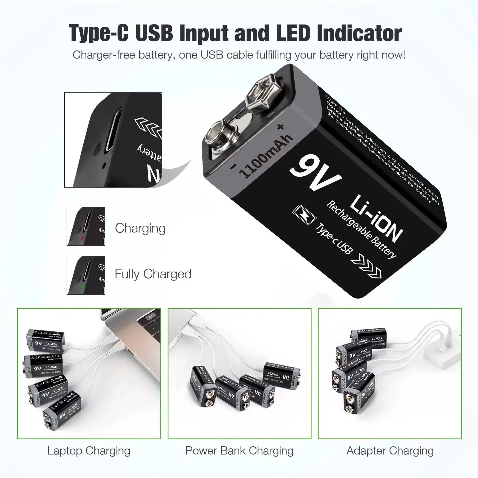 Kuugro USB 9V Rechargeable Battery 1100mAh Type-C Rechargeable 6F22 9V Li-ion Battery for RC Helicopeter Model Multimeter Toy thumbnail 3