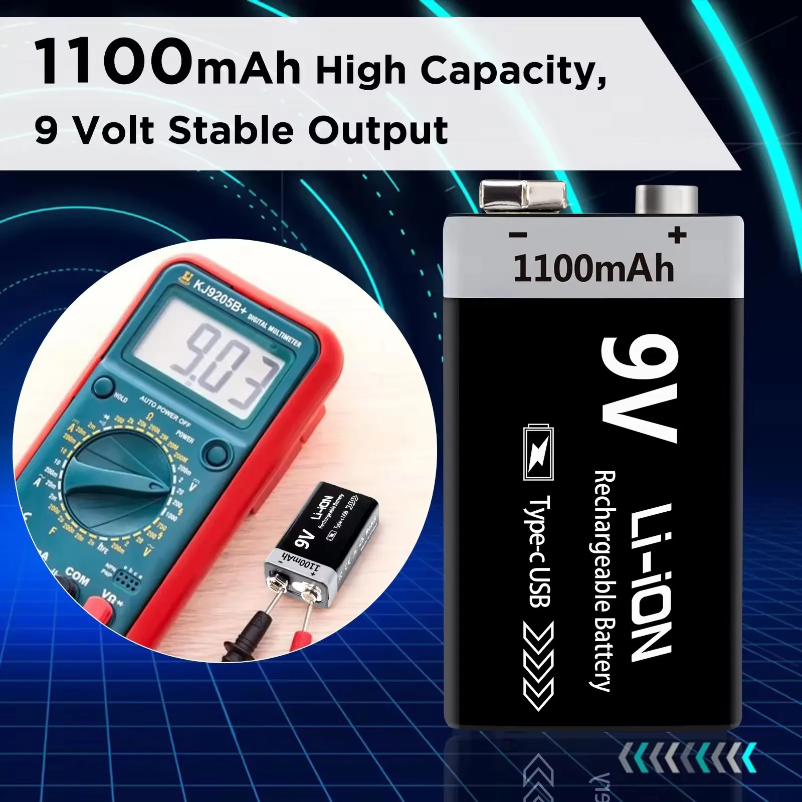 Kuugro USB 9V Rechargeable Battery 1100mAh Type-C Rechargeable 6F22 9V Li-ion Battery for RC Helicopeter Model Multimeter Toy thumbnail 5