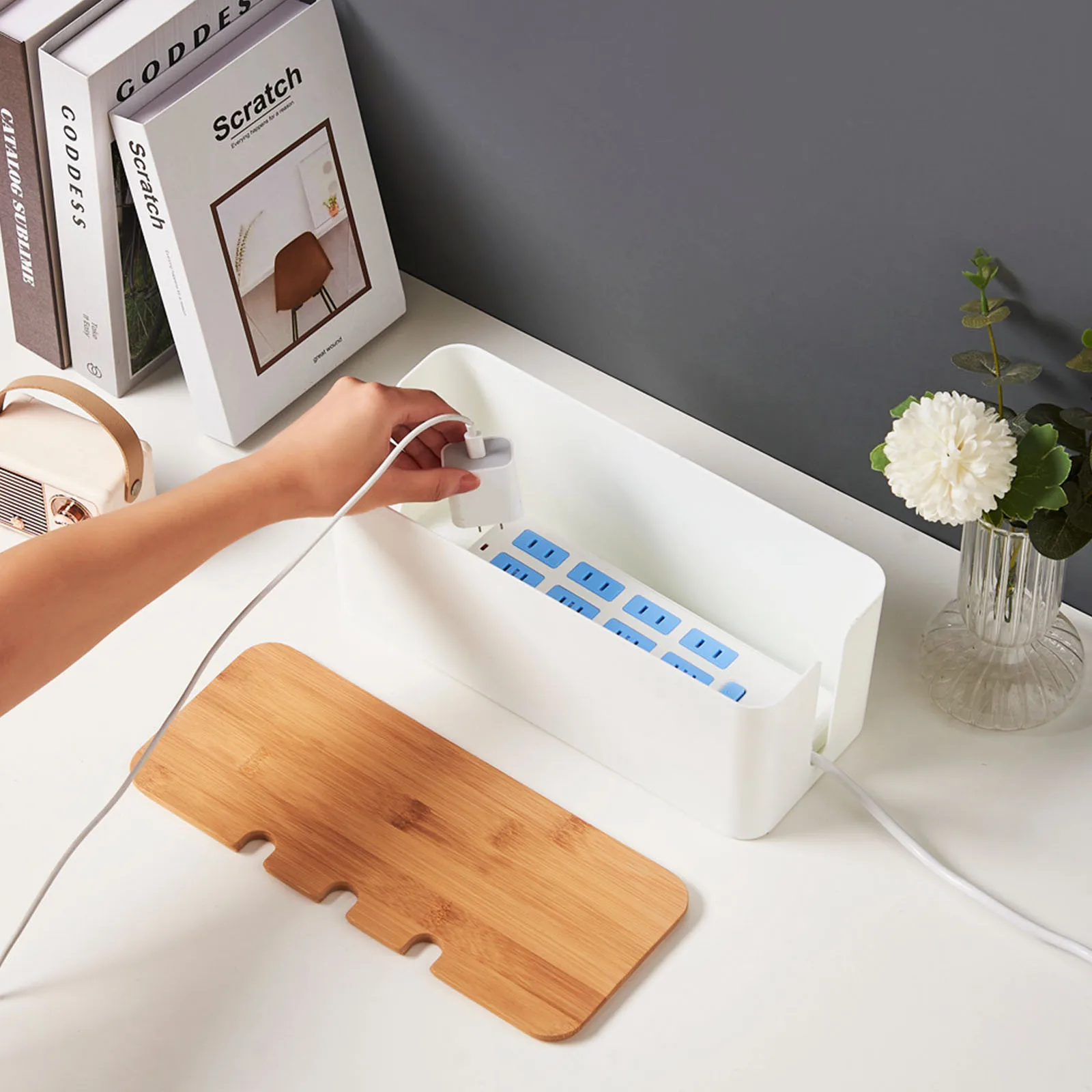 Large Cable Management Box – Wooden Style Cord Organizer and Cover for TV Wires, Computer, USB Hub and Under Desk Power Strip – thumbnail 4