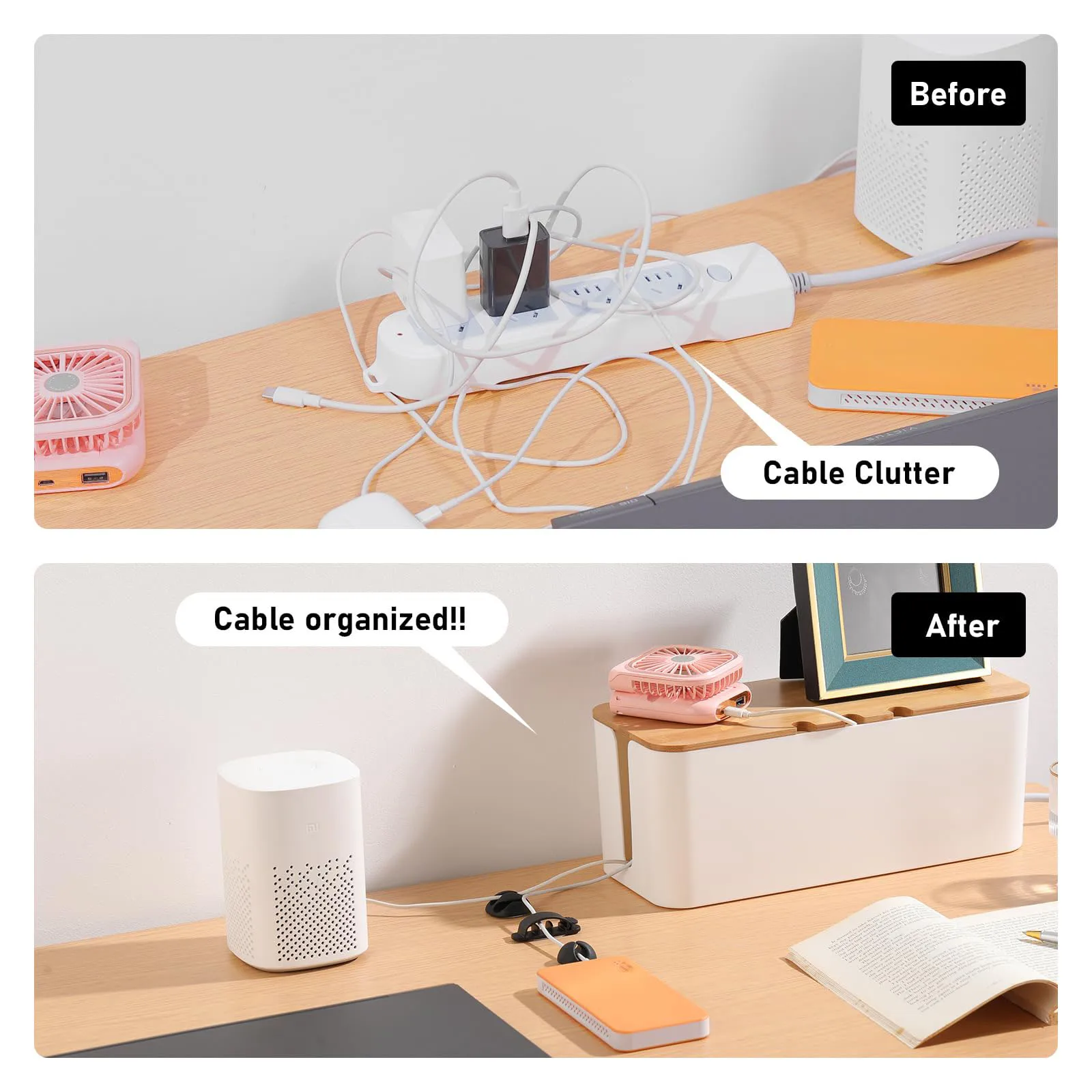 Large Cable Management Box – Wooden Style Cord Organizer and Cover for TV Wires, Computer, USB Hub and Under Desk Power Strip – thumbnail 3