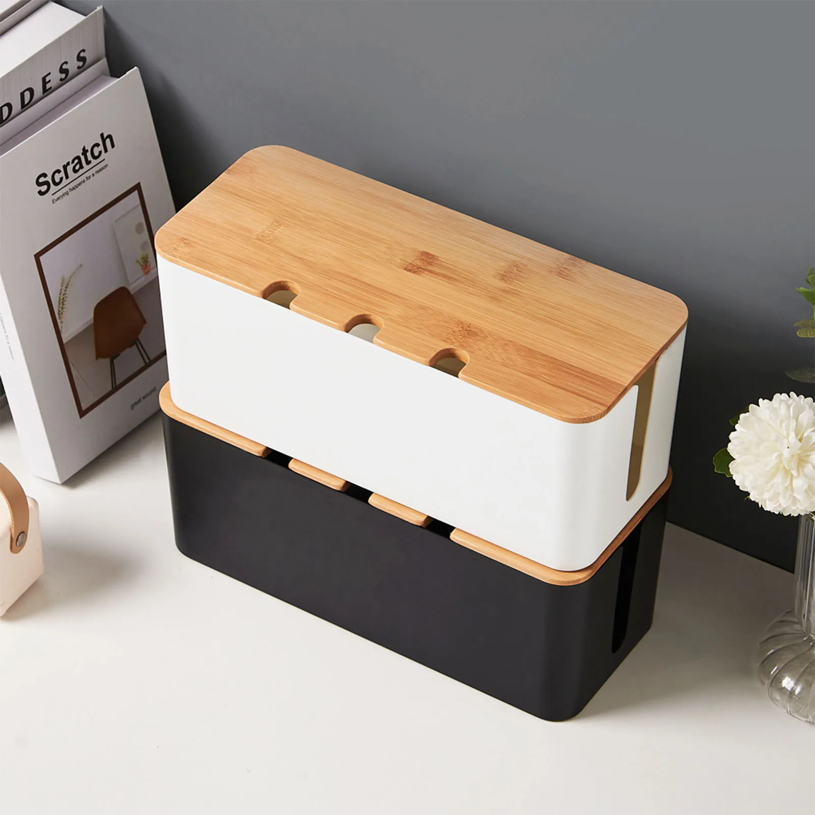 Large Cable Management Box – Wooden Style Cord Organizer and Cover for TV Wires, Computer, USB Hub and Under Desk Power Strip – thumbnail 6