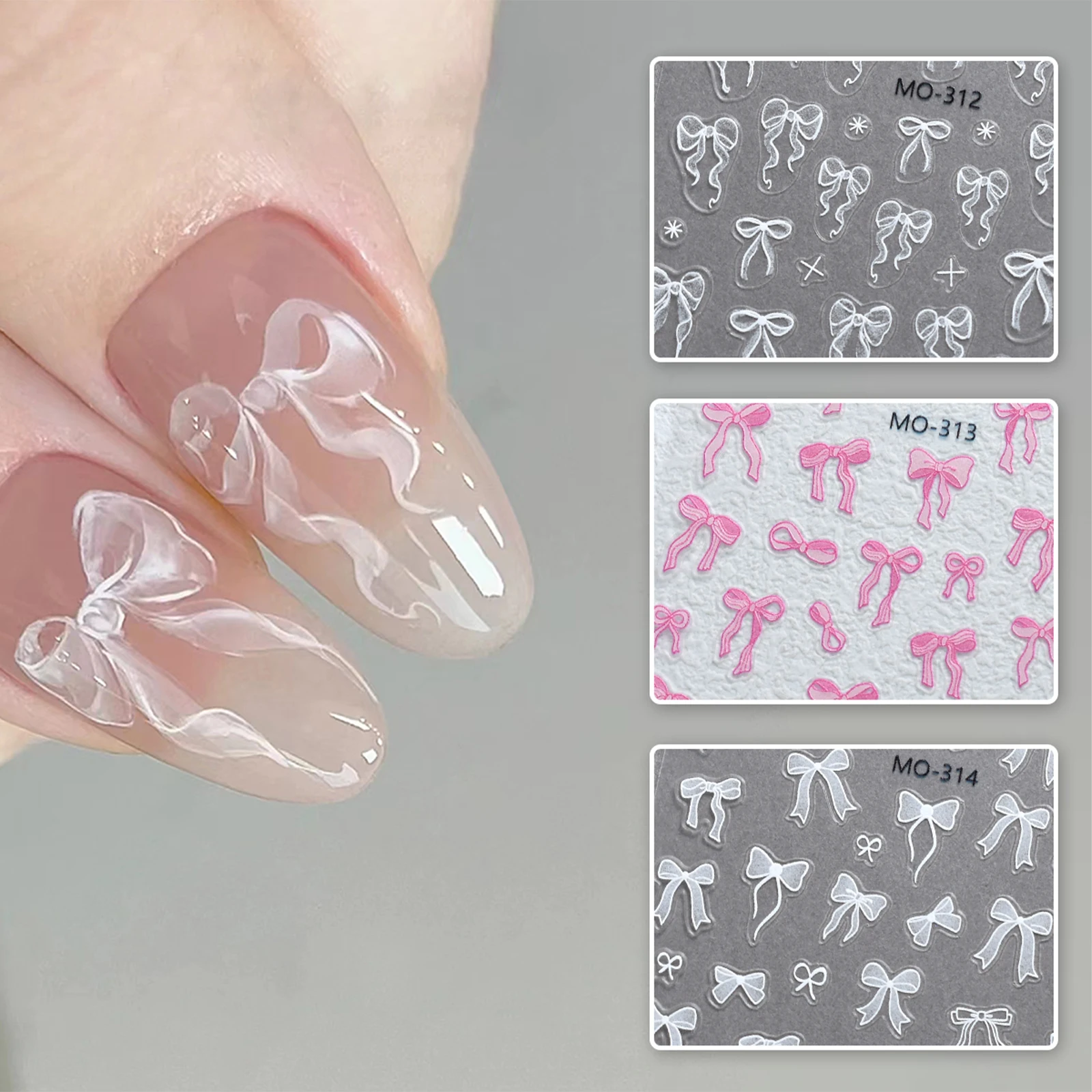 Bowknot Nail Stickers 3D Relief White Ribbon Cute Sweet Pink Self-Adhesive Nail Art Decoration Decals For Nail Tips Manicures thumbnail 2