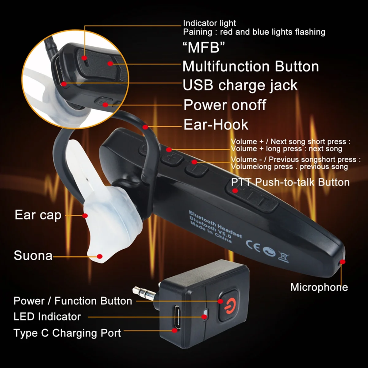 Walkie Talkie Wireless Bluetooth PTT Headset Earpiece Hands-Free K Plug for KENWOOD Microphone Headset Adapter thumbnail 5