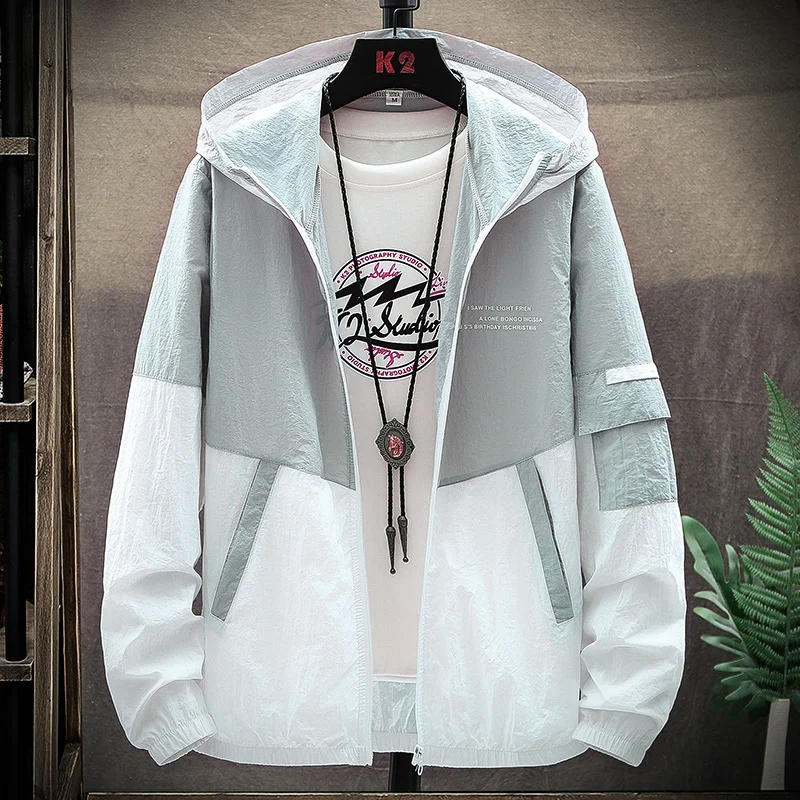 Summer Men's Sun Protection Shirt Thin Quick Drying Hood Windproof Jacket Breathable Letter Print Casual and Versatile Cardigan thumbnail 6