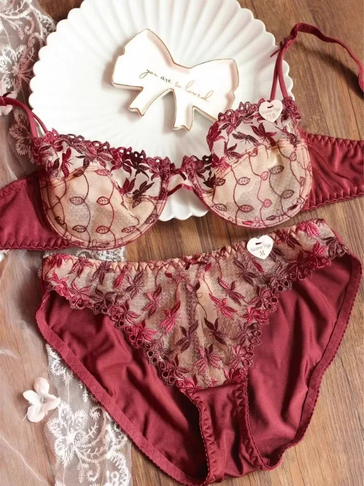 MOYISU Europe and The United States Sexy Underwire Underwear Plus Size Bra Set Big Breasts Red Women Underwear Bra Lace Bow thumbnail 2