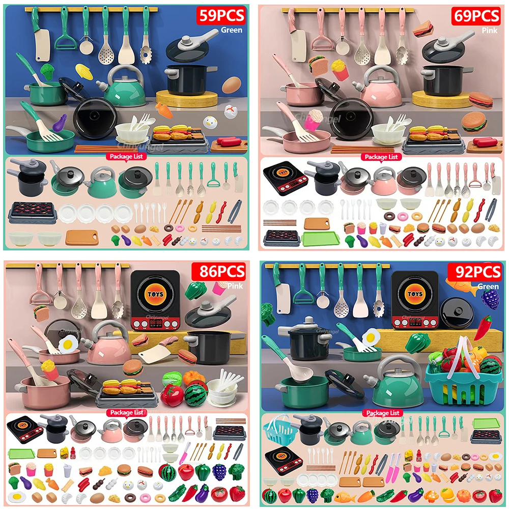 Kids Kitchen Toys Set 92/86/69/59PCS Play Kitchen Accessories Kit with Play Pots Pretend Food Cooking Toy Toddler Girls Boy Gift thumbnail 6