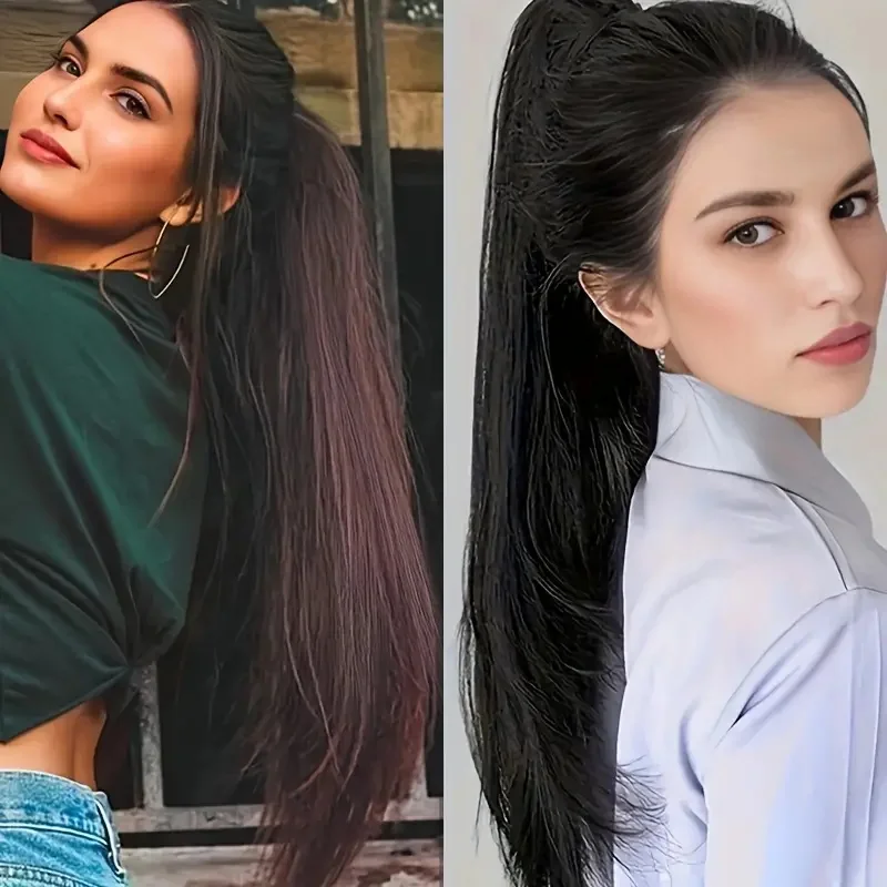 Synthetic 16Inch/20Inch Long Straight Grab Clip In Ponytail Hair Extensions Black Hairpiece for Women Hair Accessories thumbnail 6