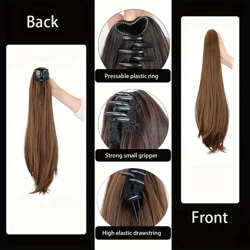 Synthetic 16Inch/20Inch Long Straight Grab Clip In Ponytail Hair Extensions Black Hairpiece for Women Hair Accessories thumbnail 4