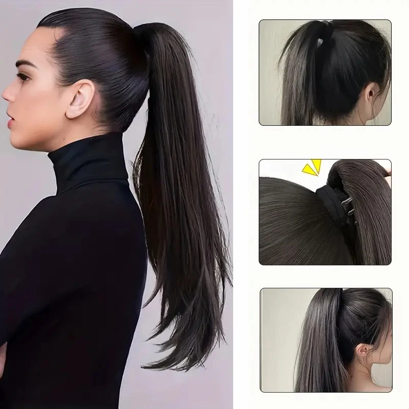 Synthetic 16Inch/20Inch Long Straight Grab Clip In Ponytail Hair Extensions Black Hairpiece for Women Hair Accessories thumbnail 5