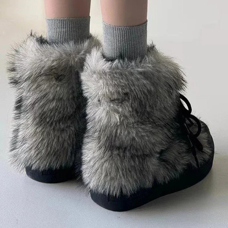 Bow Platform Women Snow Ankle Boots Fur Designer Fashion Short Plush Flats Cotton Shoes 2025 Trend Warm Cozy Winter Botas Mujer thumbnail 3