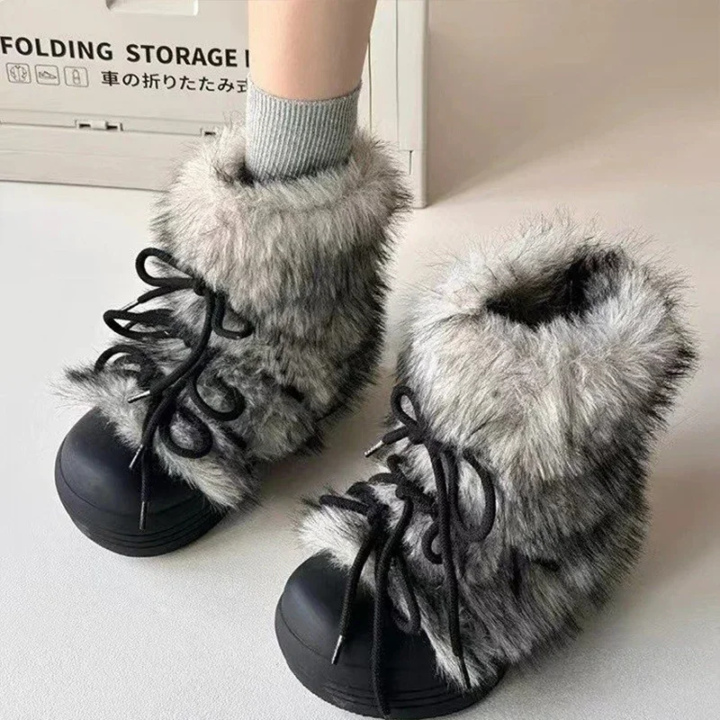 Bow Platform Women Snow Ankle Boots Fur Designer Fashion Short Plush Flats Cotton Shoes 2025 Trend Warm Cozy Winter Botas Mujer thumbnail 2