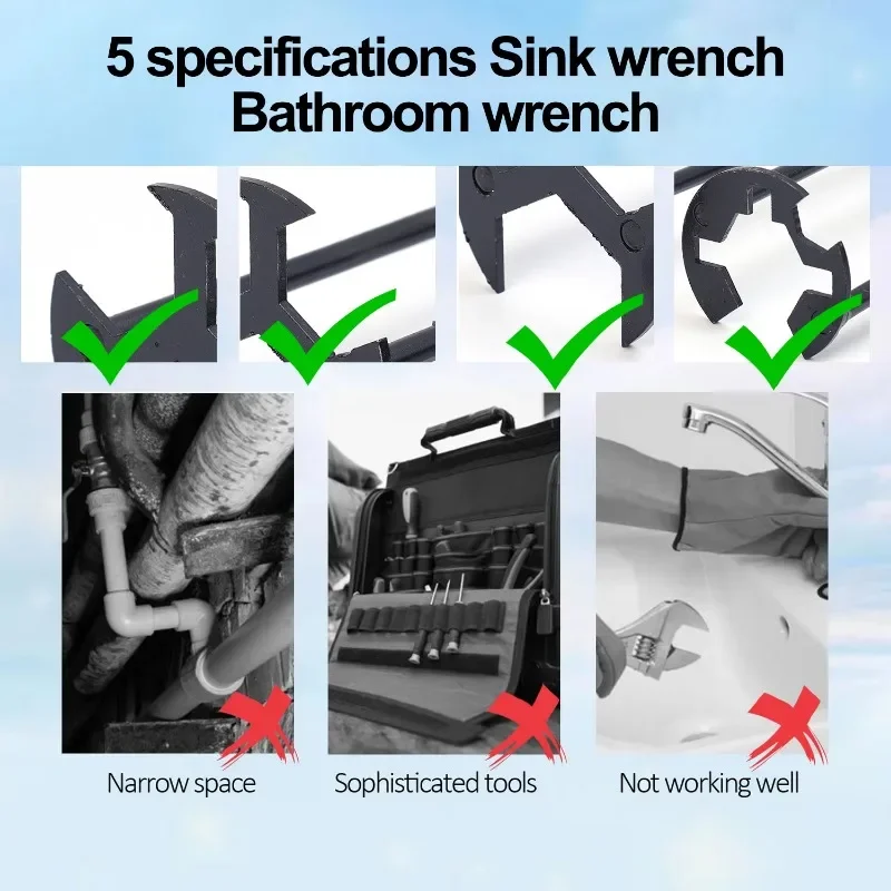 5-in-1 Sink Wrench Multifunctional Carbon Steel Faucet Key Plumbing Pipe Wrench Bathroom Kitchen Sink Repair Set Hardware Tools thumbnail 6