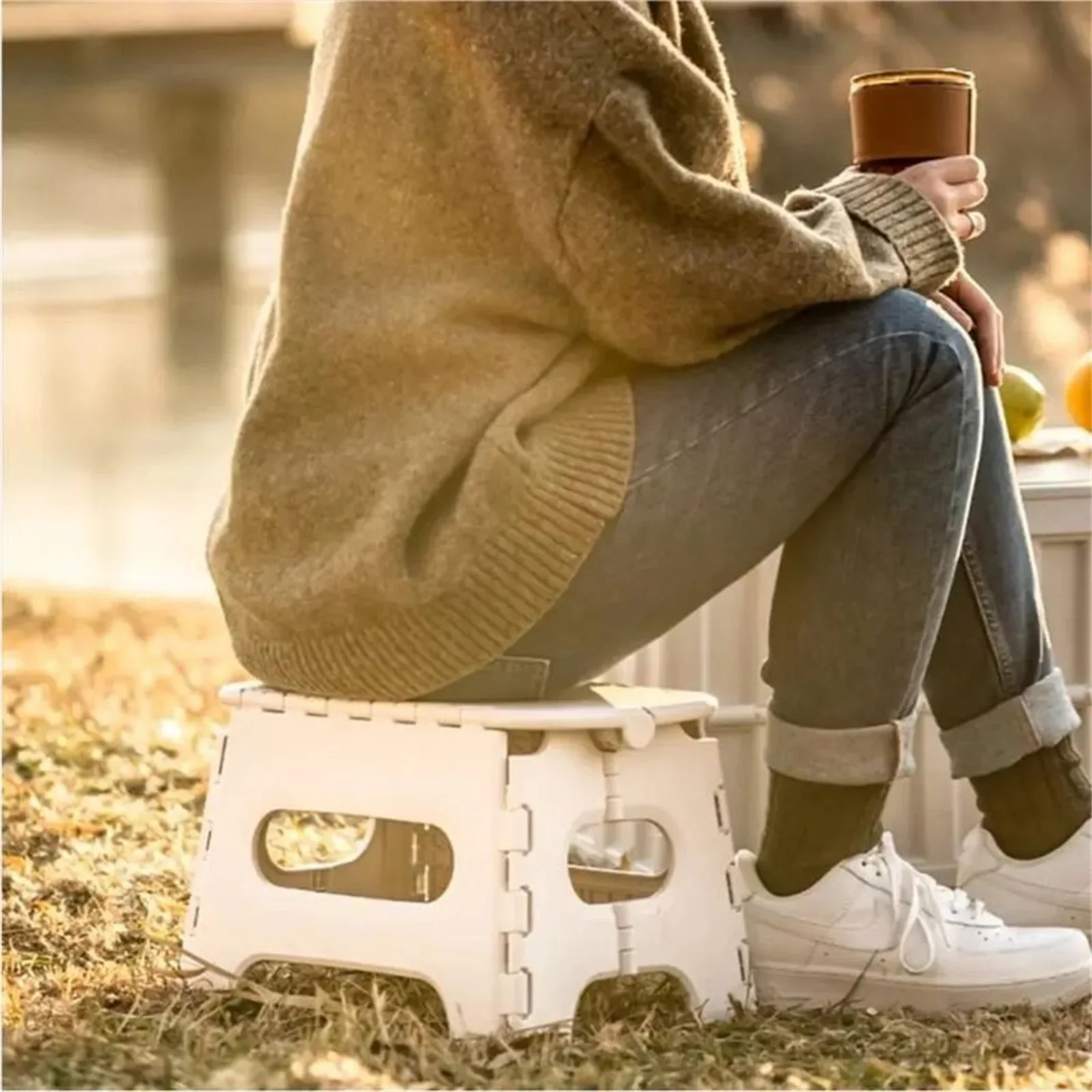 Outdoor portable folding chair plastic bench folding small bench fishing bench beach chair beige thumbnail 3