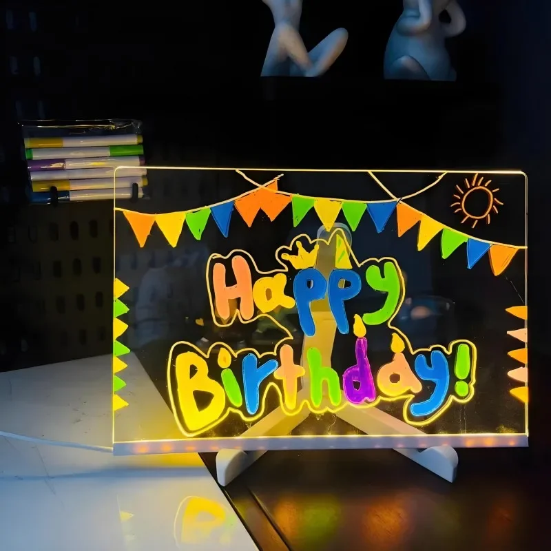 Light Up Acrylic Message Board Rewritable DIY Children's Glowing Drawing Board Message Lamp With 7 Colorful Pens thumbnail 2