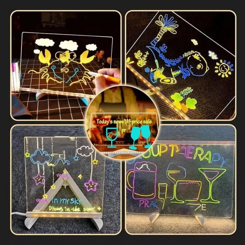 Light Up Acrylic Message Board Rewritable DIY Children's Glowing Drawing Board Message Lamp With 7 Colorful Pens thumbnail 6