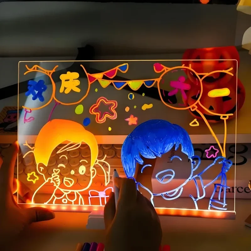 Light Up Acrylic Message Board Rewritable DIY Children's Glowing Drawing Board Message Lamp With 7 Colorful Pens thumbnail 3